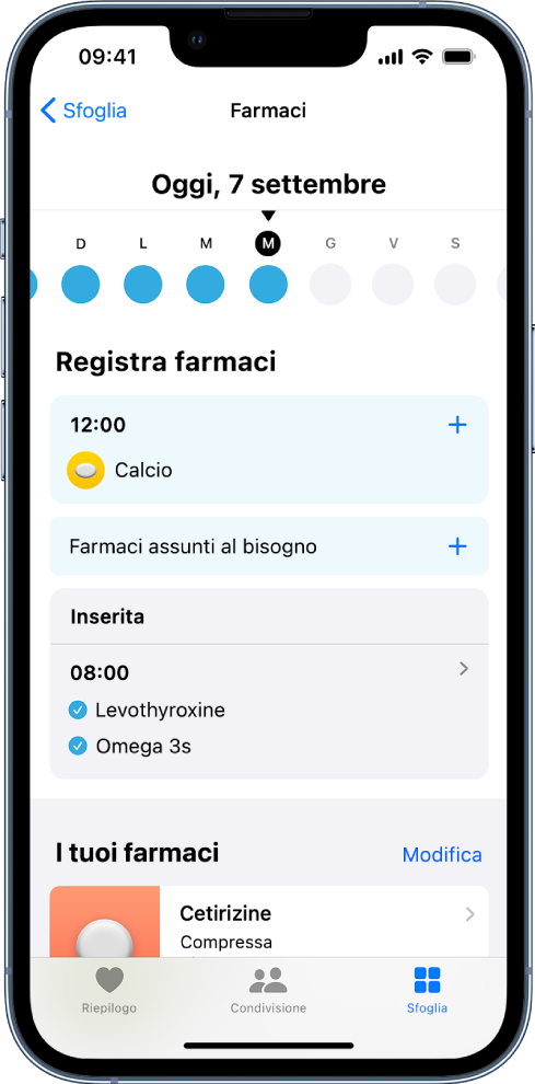 La schermata Farmaci in Salute che mostra una timeline e le registrazioni per i farmaci.