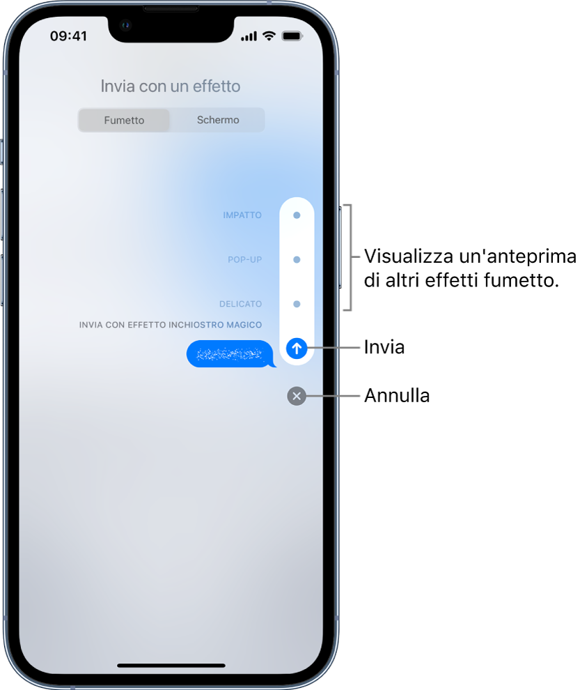 L'anteprima di un messaggio con l'effetto “Inchiostro magico”. Sulla destra, i controlli mostrano le anteprime degli altri effetti fumetto e i pulsanti Invia e Annulla.