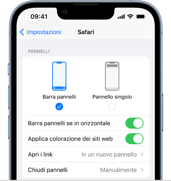 Una schermata che mostra due opzioni i layout di Safari: con barra dei pannelli e a pannello singolo.