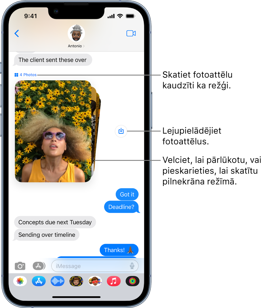 Saruna lietotnē Messages, tostarp kolekcija ar fotoattēliem, kuros redzami cilvēki un ziedi blakus pogai Save.