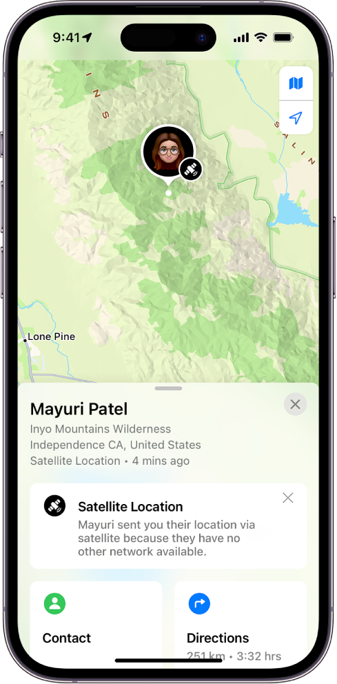 Find My ekrāns, kā tas ir redzams, kad draugs kopīgo savu atrašanās vietu, izmantojot satelītu.