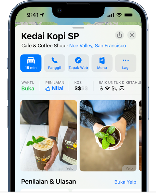 Kad tempat untuk kedai kopi. Kad tempat menyertakan butang untuk mendapatkan arah dan melihat menu.