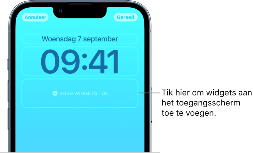 Een toegangsscherm dat wordt aangepast. Er zijn elementen geselecteerd die kunnen worden aangepast, zoals de datum, de tijd en een knop voor het toevoegen van widgets.