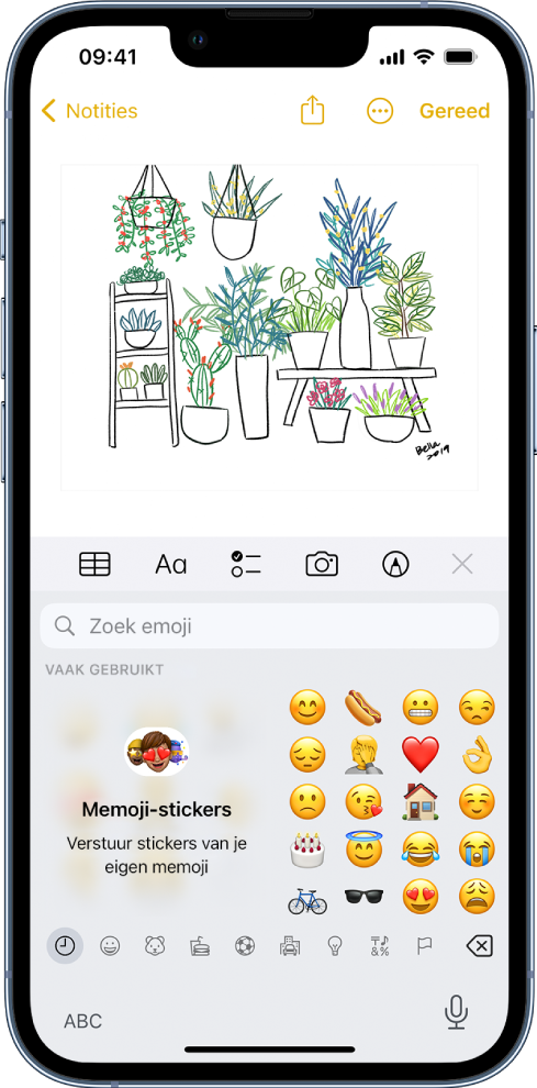 Een notitie in de Notities-app die wordt bewerkt; het Emoji-toetsenbord is geopend en het zoekveld staat boven het toetsenbord.