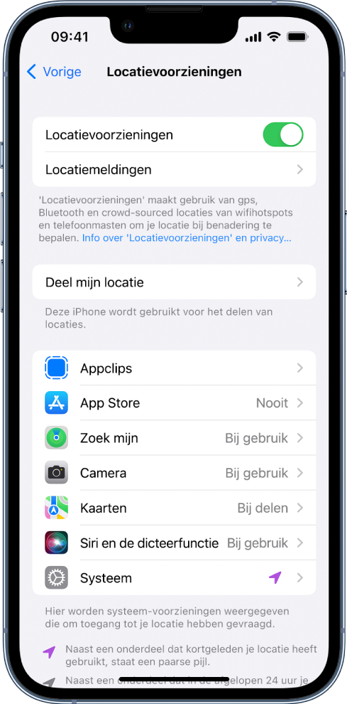 Het scherm van 'Locatievoorzieningen', met instellingen voor het delen van de locatie van je iPhone en aangepaste instellingen voor afzonderlijke apps.