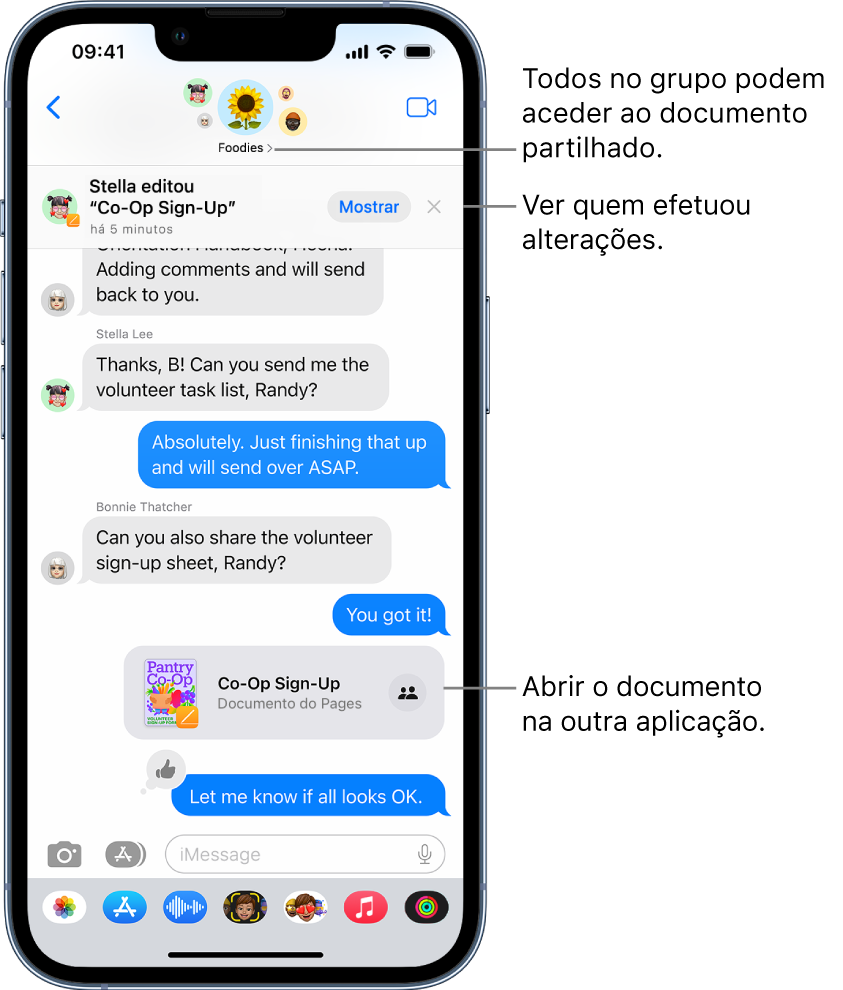 Uma conversa de grupo na aplicação Mensagens, com um convite para colaboração e atualizações na parte superior da janela da conversa.