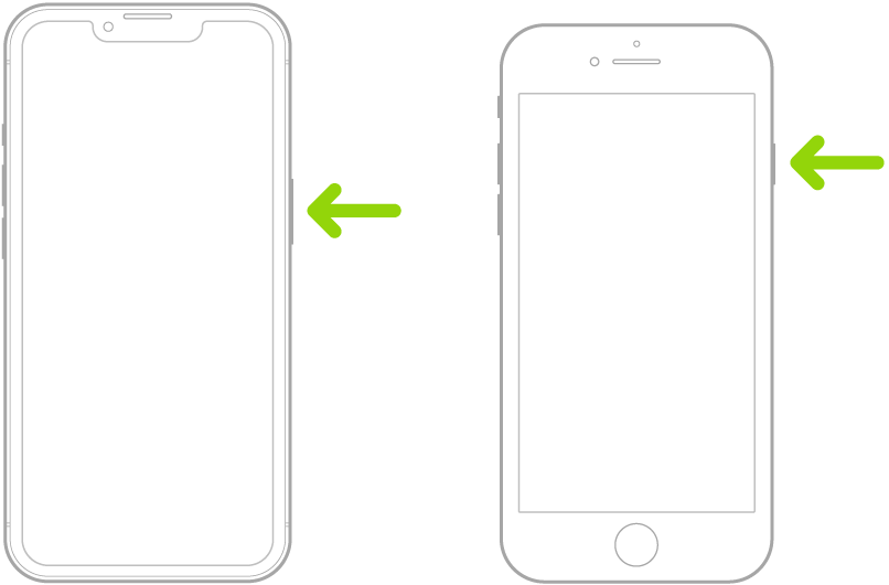 Uma ilustração a mostrar a localização dos botões lateral e de bloqueio no iPhone.