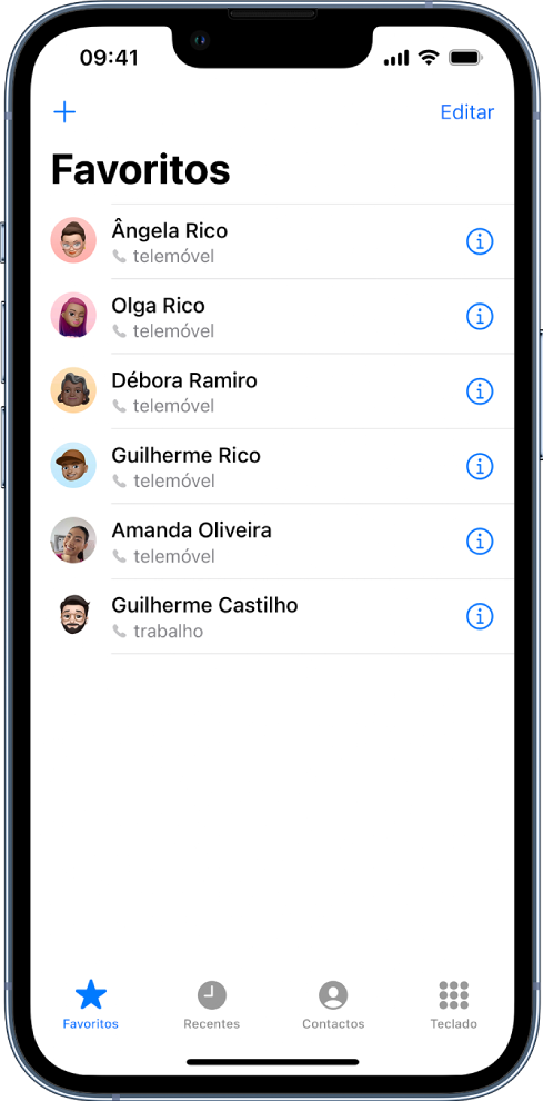 O ecrã Favoritos da aplicação Contactos; seis contactos estão na lista de favoritos.