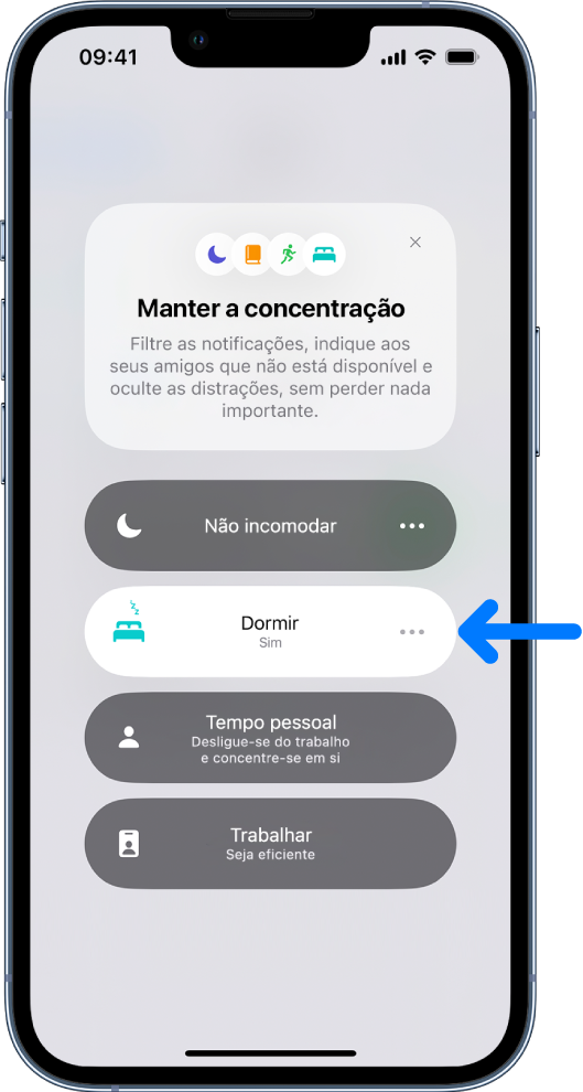 O ecrã “Manter a concentração” com a opção “Sono” ativada.