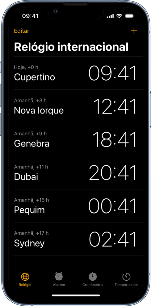 O separador “Relógio mundial” a mostrar as horas em várias cidades. O botão “Editar” junto ao canto superior esquerdo permite reordenar ou apagar relógios. O botão “Adicionar” junto ao canto superior esquerdo permite adicionar mais relógios. Os botões Relógio, Alarme, Cronómetro e Temporizador ao longo da parte inferior.