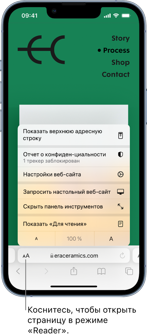 Меню параметров страницы. Внизу меню находится параметр «Показать "Для чтения"».