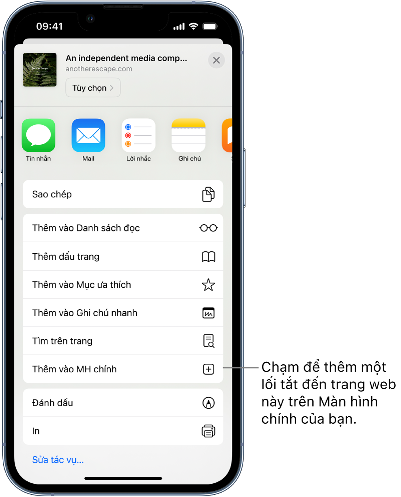 Trong Safari, nút Chia sẻ trên một trang web đã được chạm, đang hiển thị một danh sách các tùy chọn. Ở gần cuối màn hình là tùy chọn Thêm vào MH chính. Chạm để thêm một lối tắt đến trang web này trên Màn hình chính của bạn.