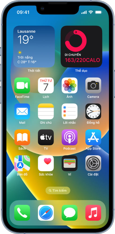 Màn hình chính với một vài biểu tượng ứng dụng, bao gồm biểu tượng ứng dụng Cài đặt mà bạn có thể chạm để thay đổi âm lượng âm thanh, độ sáng màn hình, v.v của iPhone.