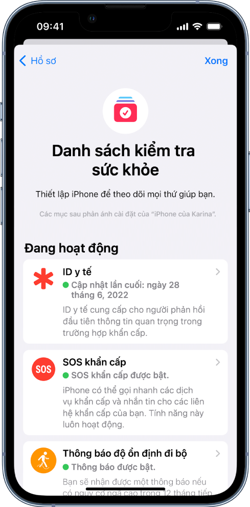 Màn hình Danh sách kiểm tra sức khỏe đang cho biết rằng ID y tế và Thông báo độ ổn định đi bộ đang hoạt động.