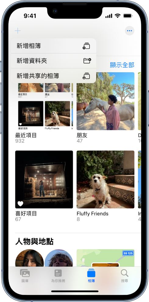 「相簿」畫面。選取左上角的「新增相簿」按鈕，系統顯示新增相簿、新增資料夾或新增共享的相簿之選項。