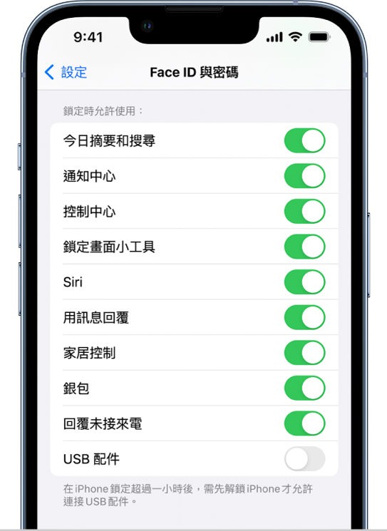 「Face ID 與密碼」畫面，其中包括允許在 iPhone 鎖定時取用特定功能的設定。