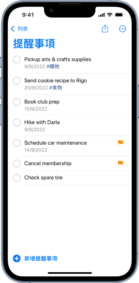 「提醒事項」畫面，顯示待辦事項列表。「新增提醒事項」按鈕位於左下方。