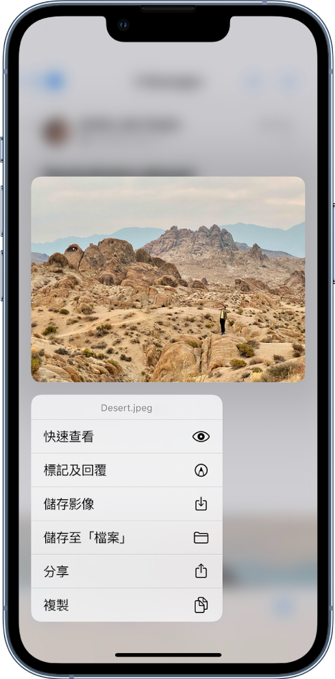 已選擇取一個電郵附件，且列出多個可用的操作。選項包括「快速查看」、「標記及回覆」、「儲存影像」、「儲存至『檔案』」、「分享」和「複製」。