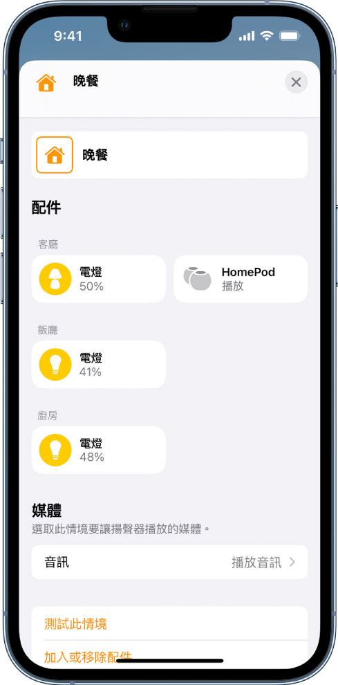 在「家庭」App 中的情境編輯畫面。情境名稱位於螢幕最上方。下面是三個房間以及作為情境一部分加入每個房間的配件。螢幕底部附近是一個「媒體」區段，客廳中的 HomePod 已設為播放音訊。「測試此情境」按鈕位於螢幕底部。