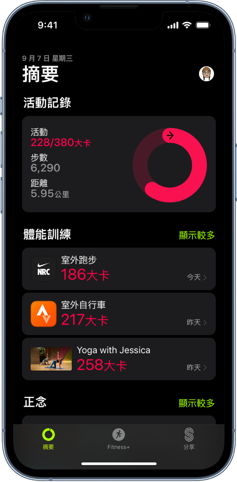 「健身」的「摘要」畫面，顯示「活動記錄」、「體能訓練」和「正念」區域。螢幕底部顯示「摘要」、Apple Fitness  和「分享」標籤頁。
