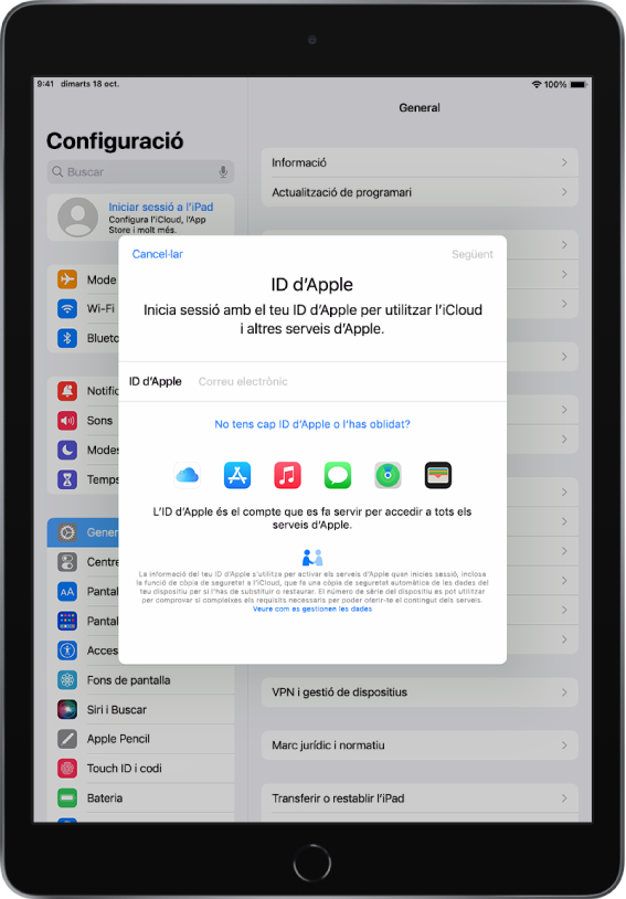 La pantalla de configuració, amb el quadre de diàleg per iniciar la sessió amb l’ID d’Apple al mig.