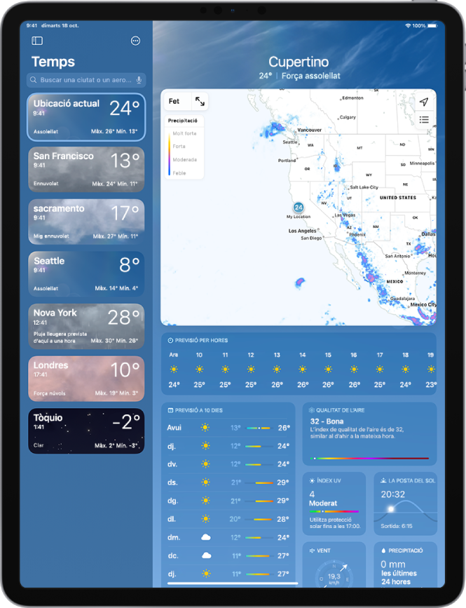 Pantalla de l’app Temps amb la barra lateral al costat esquerre de la pantalla. A la barra lateral hi ha una llista de ciutats amb l’hora, la temperatura actual, la previsió meteorològica i les temperatures màximes i mínimes. A la part de dalt de la llista, se selecciona “La meva ubicació”, i al costat dret de la pantalla es mostra la previsió meteorològica i el temps en aquella ubicació.