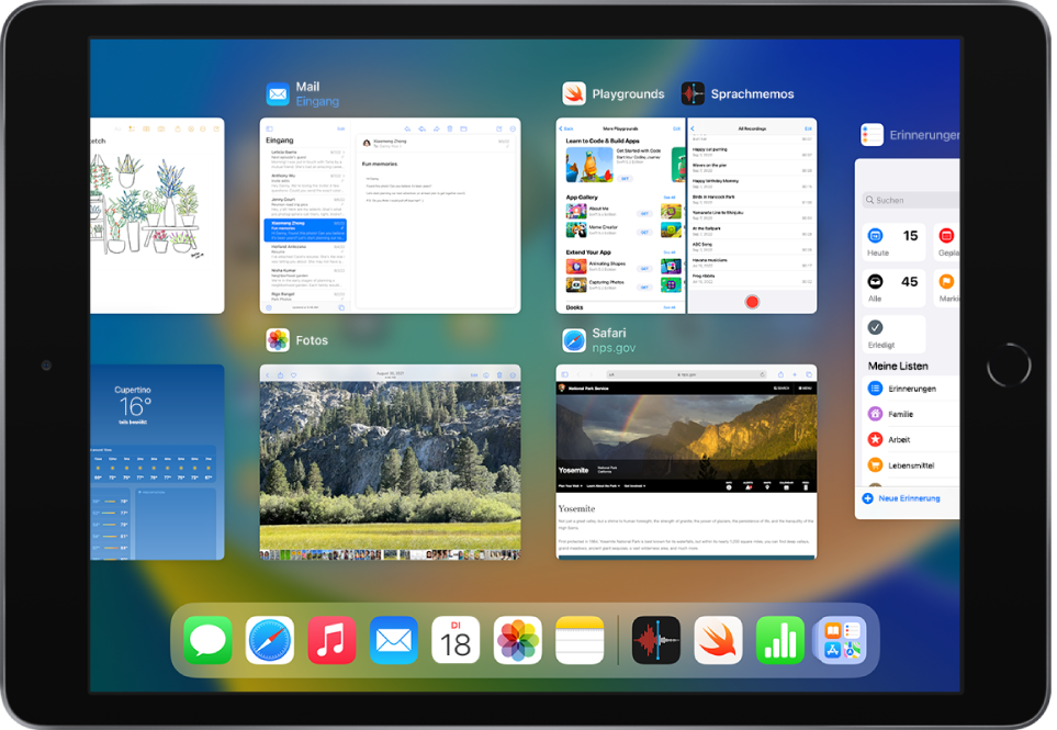 Der App-Umschalter mit mehreren geöffneten Apps, Split View-Arbeitsbereichen und Slide Over-Fenstern.