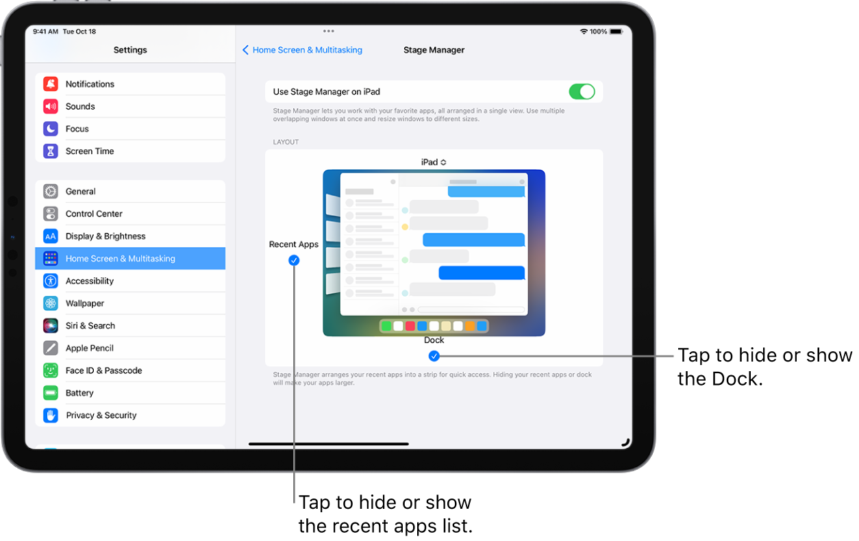 An iPad screen showing the settings for turning Stage Manager on or off, hiding or showing the recent apps list when Stage Manager is on, and hiding or showing the Dock when Stage Manager is on.