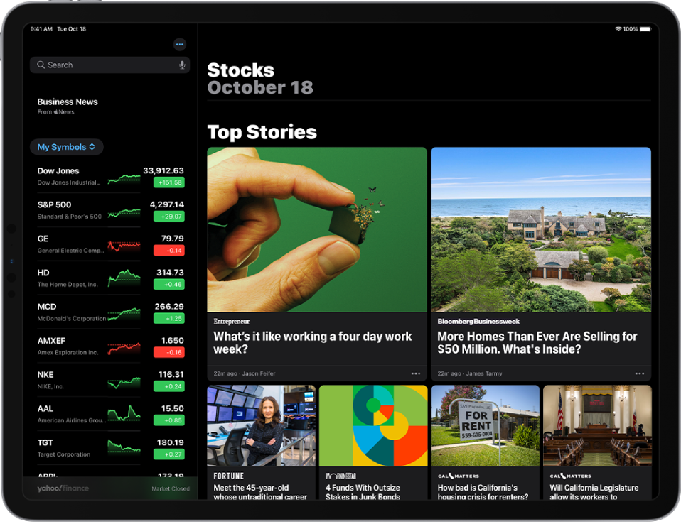 The Stocks screen in landscape orientation. The search field is in the top-left corner. Below the search field is the watchlist. Top Stories related to stocks in the watchlist fill the rest of the screen.