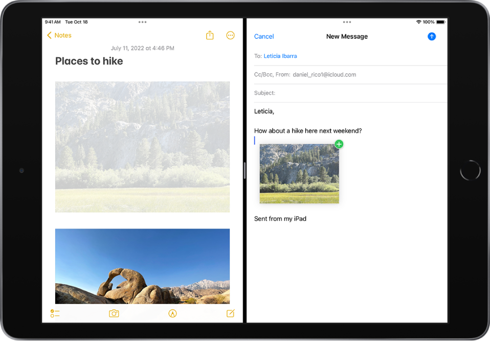 A Split View with Notes open on the left and an email open on the right. A photograph from Notes is dragged into the email.