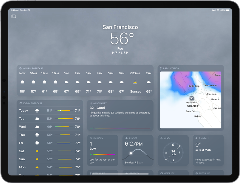 The Weather screen in landscape orientation. Forecast information is shown from top to bottom, including the location, current temperature, Fog, and the high and low temperatures for the day. Below is the hourly forecast, the 10-day forecast, the air quality scale, and a map showing precipitation in the area. At the bottom of the screen are the UV Index, Sunset, Wind, and Rainfall measurements.