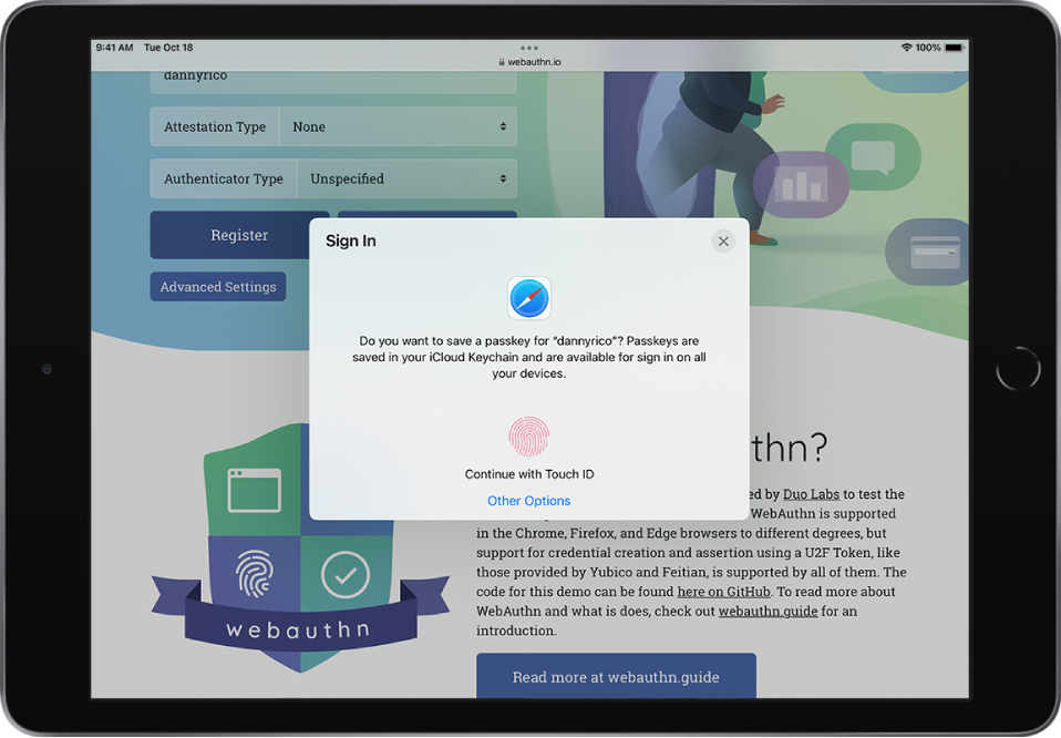 A website is open in Safari. A sign in window is open, with the message “Do you want to save a passkey? Passkeys are saved in your iCloud Keychain and are available for sign in on all your devices.” Below that are the buttons Continue with Touch ID or Other Options.