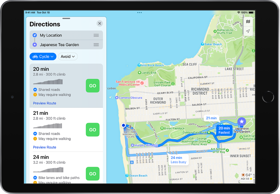 A map showing several cycling routes, each listed with a Go button in the route card on the left.