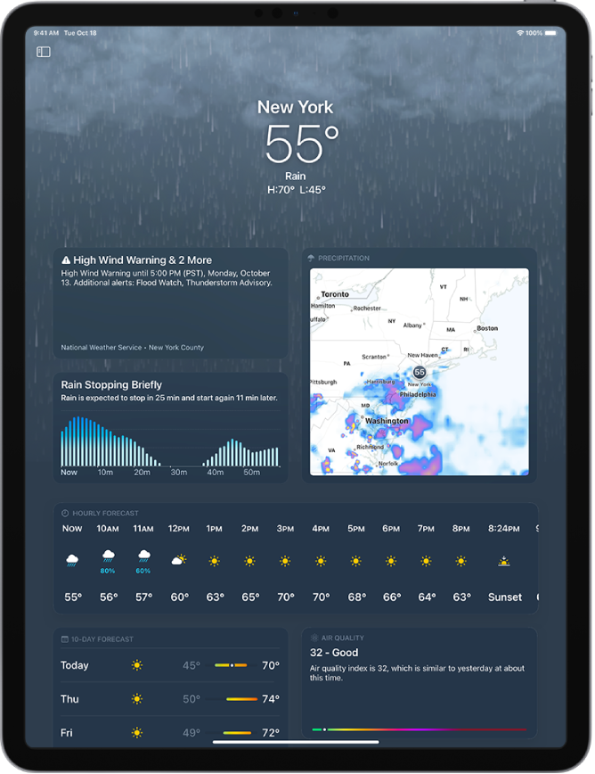 The Weather screen showing rain in the background of the screen and from top to bottom: the location, current temperature, Rain, the high and low temperatures for the day, a weather warning for Severe Wind and two more, the rain forecast for the next hour, and precipitation map. Below the weather warning and precipitation information is the hourly forecast, the 10-day forecast on the bottom-left side of the screen and the air quality scale on the bottom-right side of the screen.