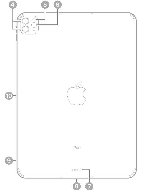 The back view of iPad Pro with callouts to the rear cameras and flash at the top left, Smart Connector and Thunderbolt / USB 4 connector at the bottom center, the SIM tray (Wi-Fi   Cellular) at the bottom left, and the magnetic connector for Apple Pencil on the left.