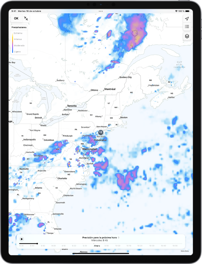 Un mapa de precipitaciones del área circundante ocupa toda la pantalla. En la esquina superior derecha, de arriba abajo, aparecen los botones “Ubicación actual”, “Ubicaciones favoritas”, Superposición y “Activar/desactivar mapa a pantalla completa”. En la esquina superior izquierda se encuentra el botón OK.