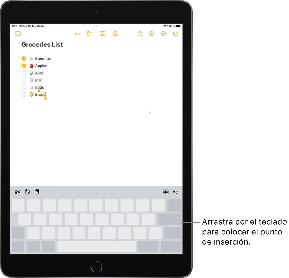 Nota en proceso de edición tras convertir el teclado en un trackpad. El teclado se muestra atenuado para indicar que ahora funciona como un trackpad.