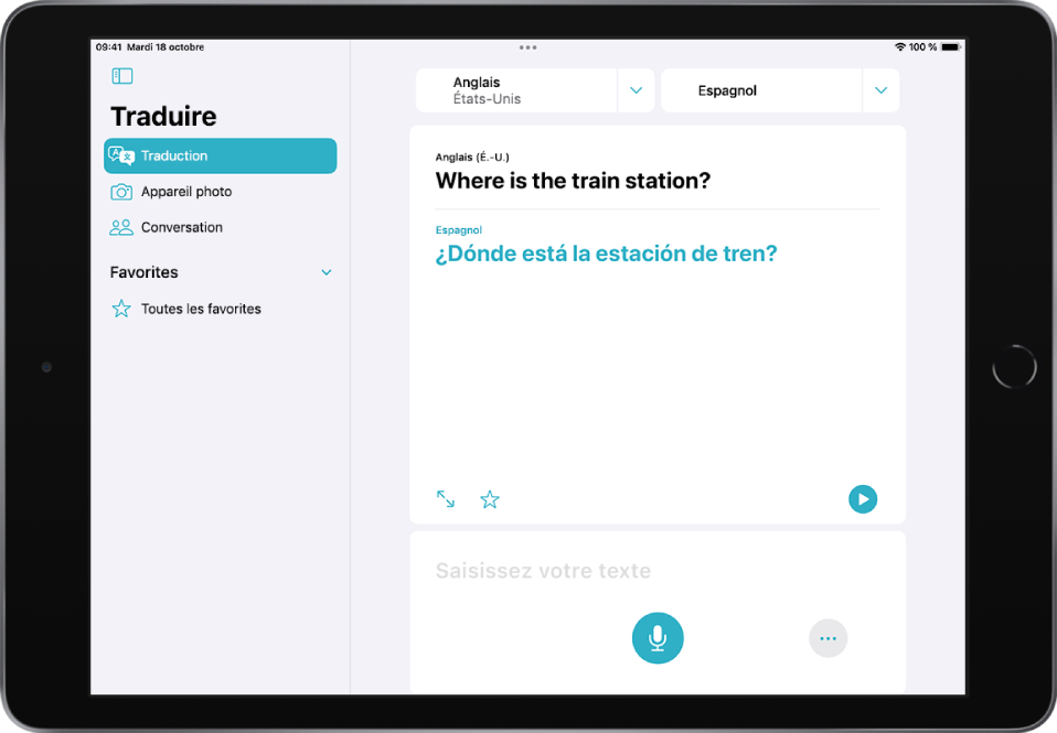 L’onglet Traduction, affichant deux sélecteurs de langue, anglais et espagnol, en haut de l’écran, une traduction au milieu et le champ « Saisir du texte » en bas.