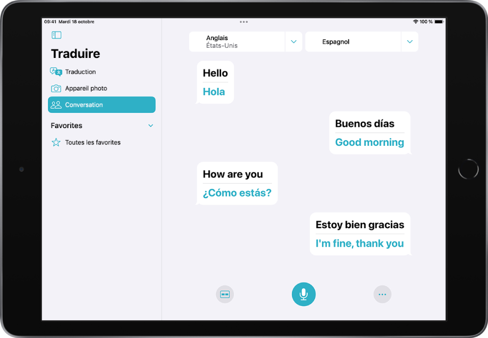 L’onglet Conversation, affichant des bulles de conversation et les traductions.