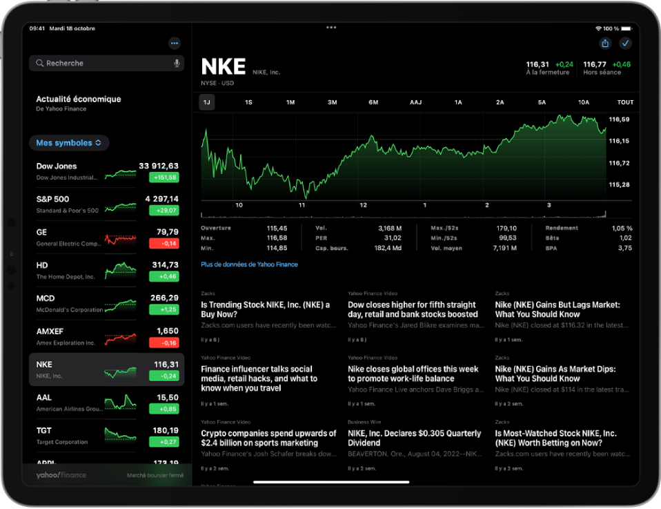 L’écran de Bourse en orientation paysage. Le champ de recherche se trouve dans le coin supérieur gauche. En dessous du champ de recherche figure la liste de suivi. Une action de la liste de suivi est sélectionnée. Au milieu de l’écran, un graphique indique les performances de l’action sélectionnée. La vue représentant une journée est sélectionnée. Au-dessus du graphique se trouvent des boutons permettant d’afficher les performances de l’action sur une journée, une semaine, un mois, trois mois, six mois, un an, deux ans, cinq ans, dix ans, ou tout. En dessous du graphique figurent des informations sur l’action, notamment son cours d’ouverture, son cours le plus élevé, son cours le plus faible et sa capitalisation boursière. Sous les informations du graphique se trouvent des articles d’Apple News sur le thème de l’action.