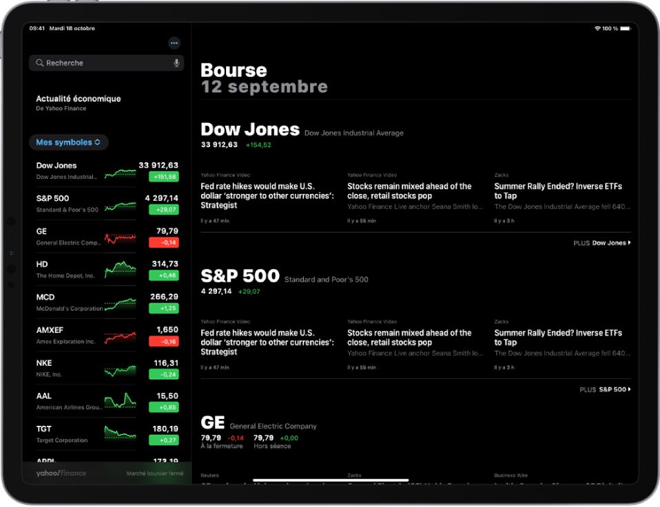 L’écran de Bourse en orientation paysage. Le champ de recherche se trouve dans le coin supérieur gauche. En dessous du champ de recherche figure la liste de suivi. Les principaux articles associés aux actions de la liste de suivi occupent le reste de l’écran.