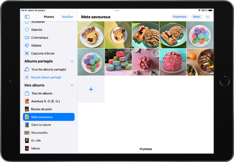 La barre latérale de Photos est ouverte sur le côté gauche de l’écran. Sous l’en-tête « Mes albums », l’album intitulé « Mets savoureux » est sélectionné. Le reste de l’écran de l’iPad est rempli de photos et de vidéos de l’album « Mets savoureux » affichées dans une grille.