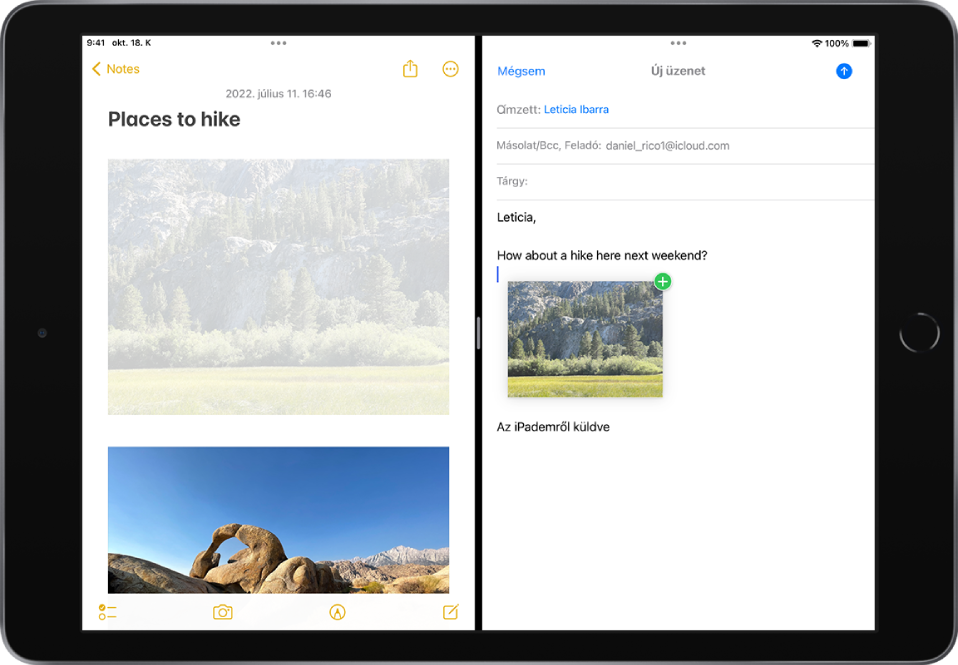 Split View nézet, amelynek bal oldalán a Jegyzetek app van megnyitva, a jobb oldalán pedig egy e-mail. A Jegyzetekből egy fotó van áthúzva az e-mailbe.