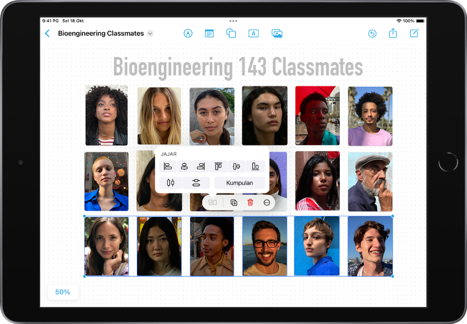 Papan Freeform diisi dengan foto grid. Satu baris foto dipilih dan alat penjajaran serta pemformatan kelihatan.