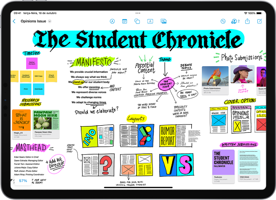 O iPad em posição horizontal com a aplicação Freeform aberta. O quadro inclui texto manuscrito, desenhos, notas adesivas, hiperligações e ficheiros.