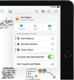 iPad com a aplicação Freeform e as opções de colaboração abertas.