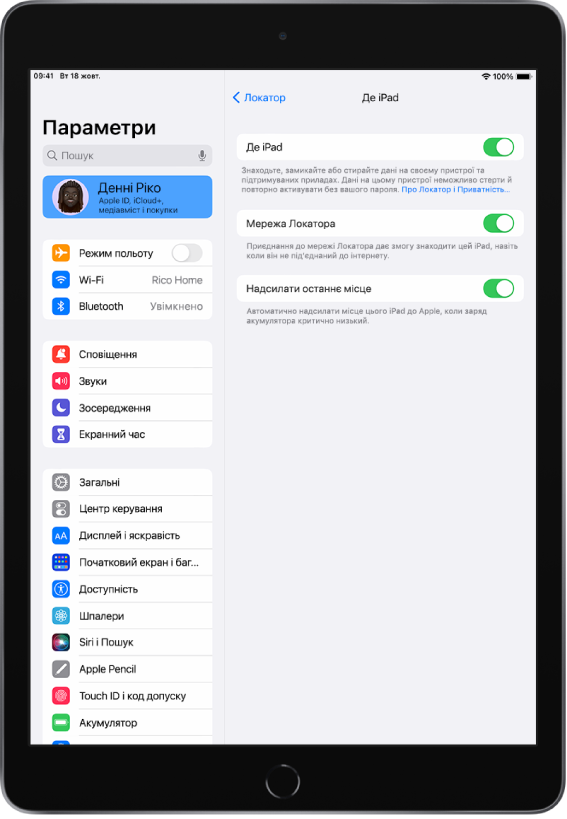 У лівій частині екрана показано бічну панель «Параметри» і вибрано верхню опцію з іменем користувача. З правого боку екрана — варіанти вибору функцій Локатора, які потрібно ввімкнути. Увімкнено «Де iPad», мережу Локатора й «Надсилати останнє місце».