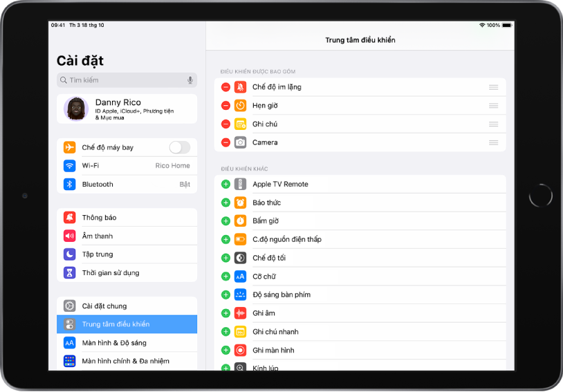 Màn hình Cài đặt của iPad. Ở bên trái của màn hình là thanh bên Cài đặt; Trung tâm điều khiển được chọn. Ở bên phải của màn hình là các tùy chọn để tùy chỉnh Trung tâm điều khiển.