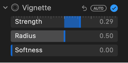 The Vignette controls in the Adjust pane, showing the Strength, Radius, and Softness sliders.