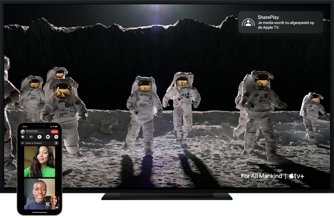 Voorbeeld van SharePlay op een iPhone en een Apple TV.